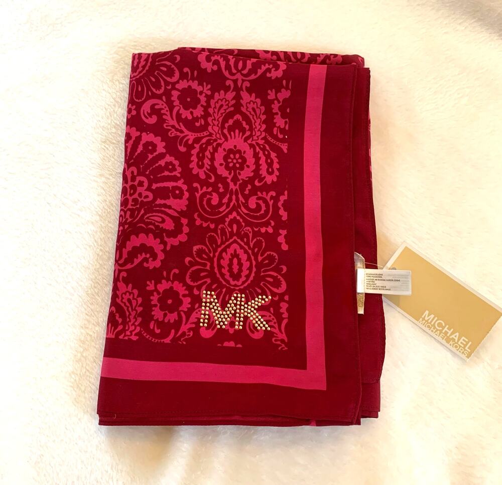 NWT Michael Kors Pink Red Damask Square Scarf Rhinestone MK Logo OS Lightweight